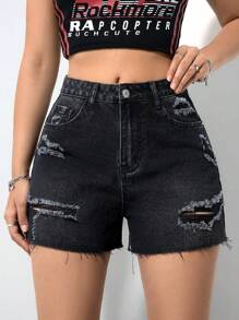 SHEIN EZwear Women's Casual Denim Shorts, Minimalist And Fashionable For Daily Wear - Black - View 4