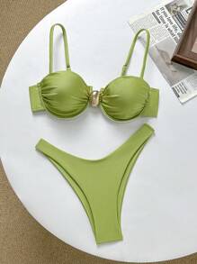 Solid Color Skinny Strap Underwire Spaghetti Strap Bikini Top And Bottoms, Women Summer Swimwear Set - Green - View 1