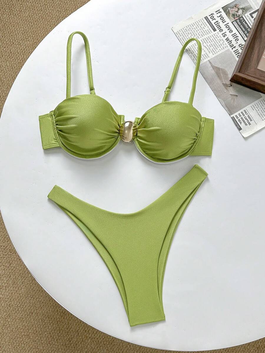 Solid Color Skinny Strap Underwire Spaghetti Strap Bikini Top And Bottoms, Women Summer Swimwear Set - Green - View 1