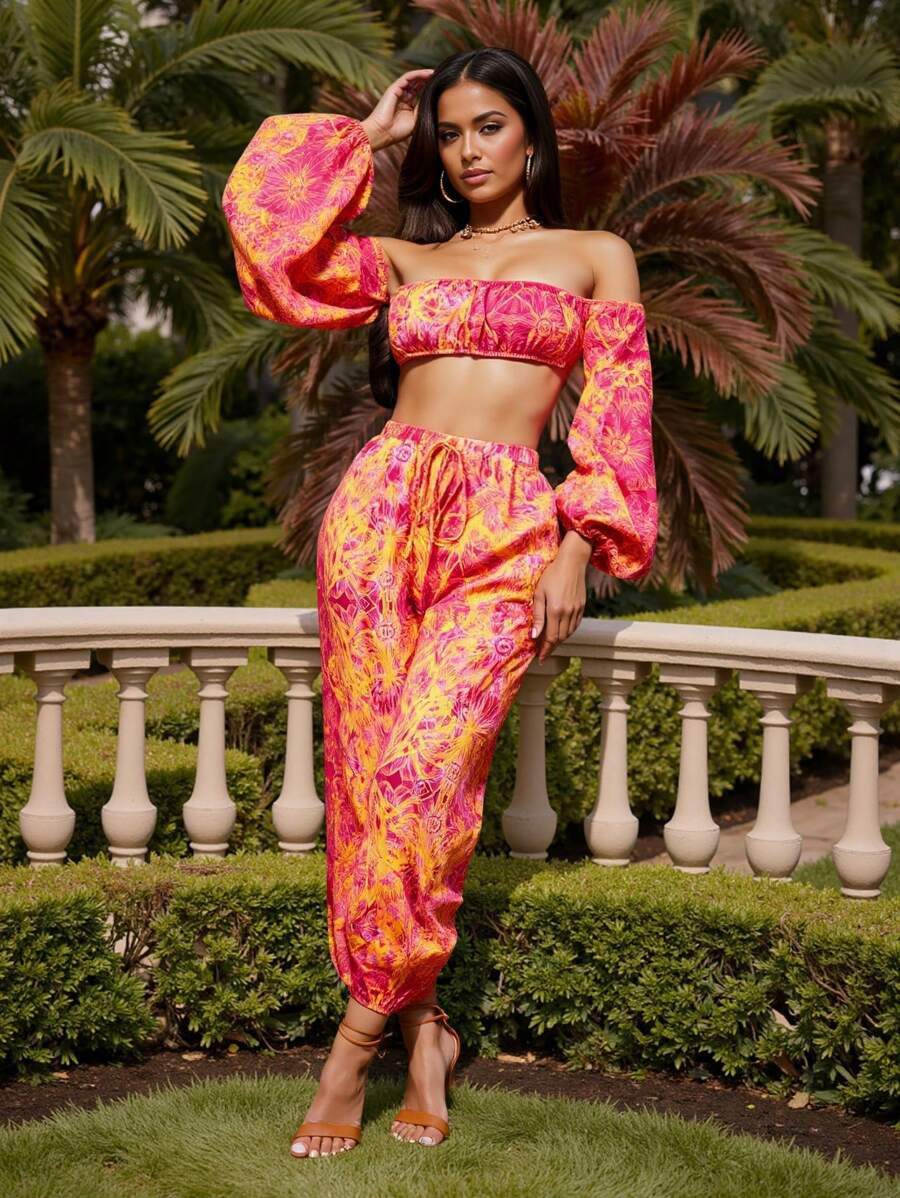 JIAN LASALA Women Multicolor Tops Boho Off The Shoulder Long Sleeve Floral,Plants,All Over Print Knot,Drawstring Summer For Women Summer Tops Vacation Going Out - Multicolor - View 1