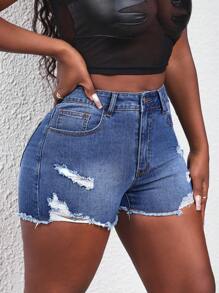 SHEIN Slayr Women's Casual Distressed Ripped Fitted Denim Shorts - Dark Wash - View 5