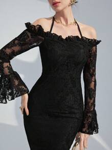 Modelyn Vintage Jacquard Neckholder A-linie Kleid Mit Volant Ärmel Für Frauen, Frühling/sommer