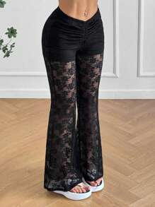 SHEIN EZwear Pantalones con volantes y cintura fruncida de encaje negro para mujer