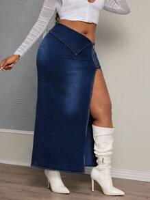 SHEIN SXY Plus Size Stretchy Denim Asymmetric Design Distressed Washed Long Skirt  Summer Outfits For Women Festival Outfits - Dark Wash - View 7