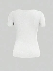 INAWLY Camiseta de mujer de manga corta, con abertura delantera parcial con botones, con efecto calado, sexy - Blanco - Ver 2