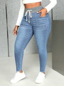 SHEIN SXY Plus Size Sexy Stretch Color Block Wide Waistband Blue Denim Jeans