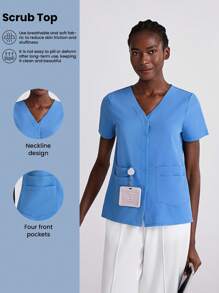 Scrubzie Simple And Fashionable Scrub Uniforms Top, Suitable For Summer Running Nurse & Uniform Scrubs Handwashing Pocketed Breathable Brushed Clothing Set Scrub Stretchable Athletic Workwear With Pockets Scrub Top And Pants Set Women's Scrub Set: Notch V-Neck Tuck In Top & Straight Leg Pants Essential Jogger Scrub Set Nursing Uniform Stretch Top & Drawstring Cargo Pants - Blue - View 1