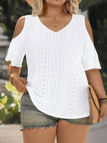 EMERY ROSE 女式加大码 V 领分层袖纹理针织露肩宽松休闲 T 恤，优雅时尚，适合度假、日常穿着、居家