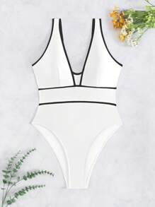 Swim Chiccia Women's Sexy & Elegant Black & White Splice Deep V Neck U Back One-Piece Swimsuit For Summer Beach Vacation - White - View 5
