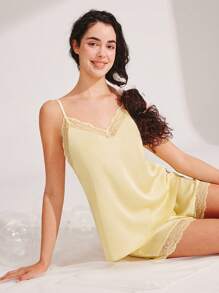 LUVLETTE 黄色丝滑缎面奢华蕾丝优雅V领吊带背心和短裤新娘家居服轻盈睡衣套装女士家居服套装女士内衣，春夏婚礼用品 - 黃色 - 查看 6