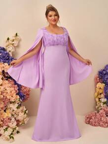 SHEIN Belle Váy maxi dài xếp nếp hở vai màu tím nhạt lãng mạn thanh lịch cỡ lớn họa tiết hoa 3D, váy phù dâu - Màu tím hoa cà - Xem 4