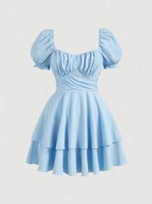 SHEIN MOD Gaun Mini Ukuran Besar Musim Panas Warna Polos Leher Bentuk Hati dengan Pita di Belakang dan Lengan Mengembang, Biru, Gaun Ulang Tahun untuk Wanita - Biru - View 1
