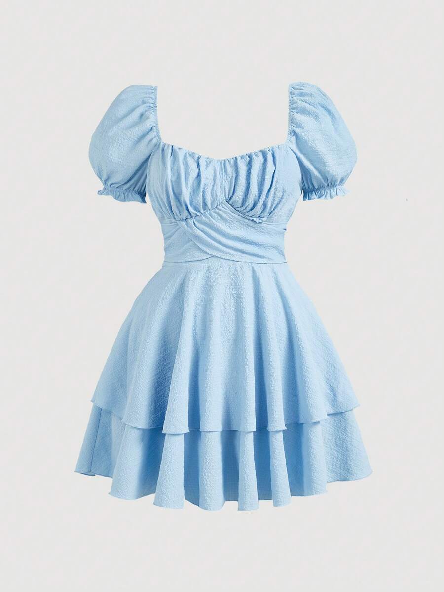 SHEIN MOD Gaun Mini Ukuran Besar Musim Panas Warna Polos Leher Bentuk Hati dengan Pita di Belakang dan Lengan Mengembang, Biru, Gaun Ulang Tahun untuk Wanita - Biru - View 1