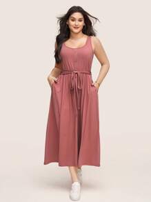 Comfylo Đầm cotton mùa hè thiết kế nút màu trơn cỡ lớn cho nữ không tay cổ vuông giản dị - Hồng - Xem 7