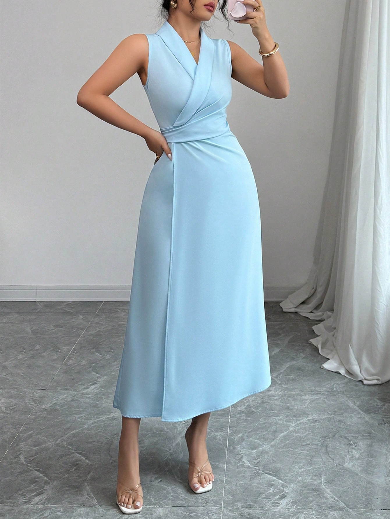 Elenzga فستان نسائي أنيق أحادي اللون بدون أكمام