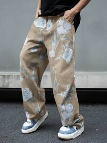 Manfinity EMRG Men's Khaki Denim Floral Print Long Jeans With Zipper Details - Khaki - View 6