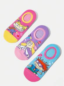 Nick 90s X SHEIN 3 Pairs Women Breathable Soft Boat Socks/Invisible Socks, Reinforced Toe And Heel, Wear All Seasons, Cute Cartoon & Contrast Color