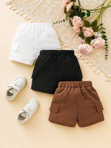 3 piezas Pantalones cortos cargo de tela de gofre para bebé niño de verano: con botones de plástico blanco decorativos, estilo casual deportivo streetwear para vacaciones, días festivos, escuela, recién nacido - Multicolor - Ver 2