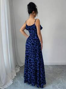 Elenzga Vacation Boho Leopard Print V-Neck Ruffle Hem High Waisted Split Elegant Romantic Dress For Women - Blue - View 2