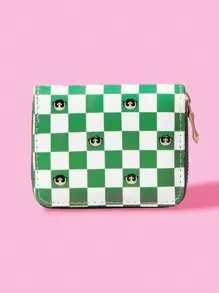THE POWERPUFF GIRLS X SHEIN 1pc White & Green Checkered Cartoon Print Small Wallet