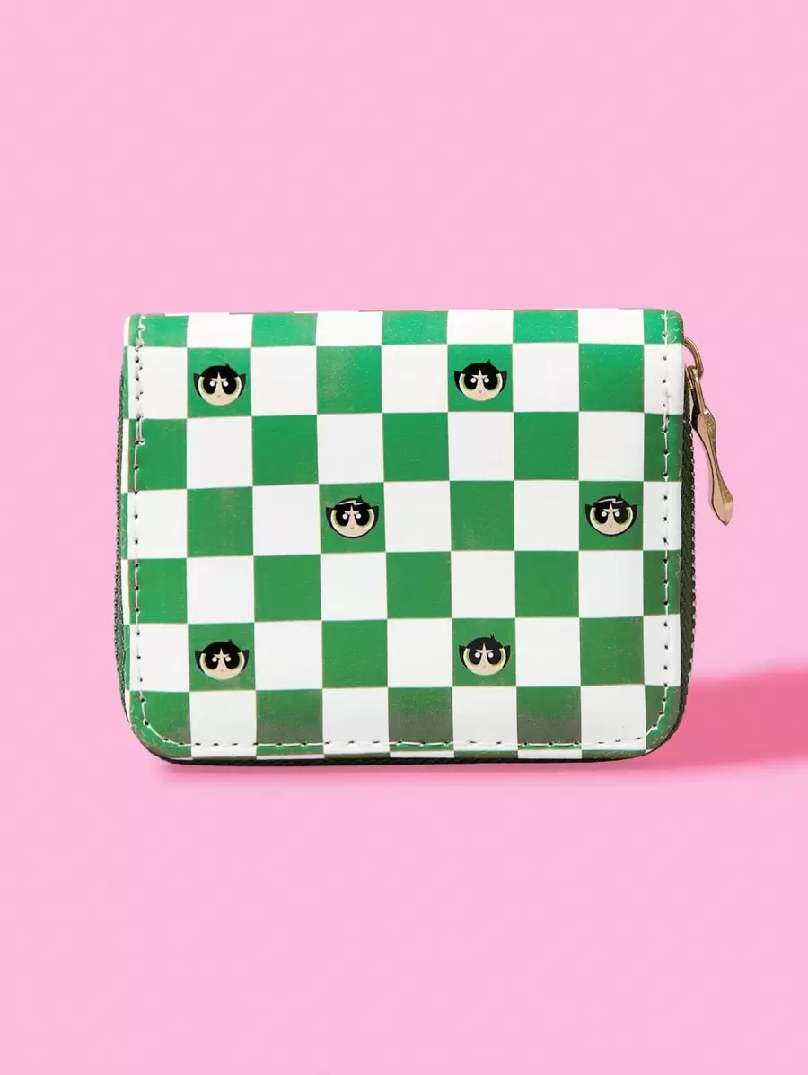 THE POWERPUFF GIRLS X SHEIN 1pc White & Green Checkered Cartoon Print Small Wallet