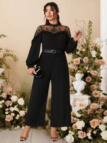 SHEIN Belle Plus Size Stand Collar Lace & Mesh Panel Lantern Sleeve Loose Straight Leg Jumpsuit, Casual & Elegant For Outing & Party