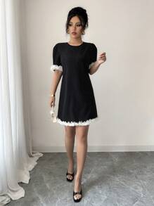 Chiquease Women Elegant Polka Dot Print Crew Neck Short Dress - Black - View 7