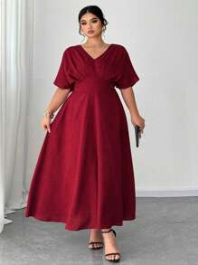 SHEIN CURVE+ Vestidos de cumpleaños talla grande CURVE+, vestidos de fiesta, elegantes, formales para mujeres, vestidos de noche, vestido rojo, plisado
