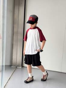 Camiseta de manga corta informal de manga raglán con estampado de letras para niños preadolescentes, de verano