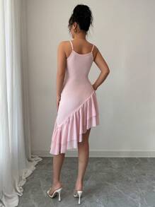 Chiquease Pink Asymmetric Ruffle Trim Cute Camisole And Mini Skirt Set - Pink - View 2