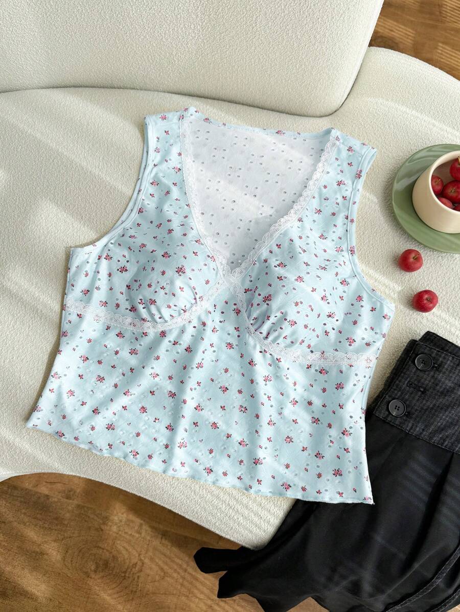 Comfortcana Camiseta de tirantes slim fit de encaje con estampado floral menudo para mujer de talla grande, para primavera/verano - Azul - Ver 1