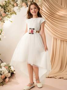 Girls' Elegant Lace Chiffon Patchwork Formal Dress With Champagne Sash Bow, Floral Applique, Suitable For Flower Girl, Wedding, Prom, Versatile - White - View 5