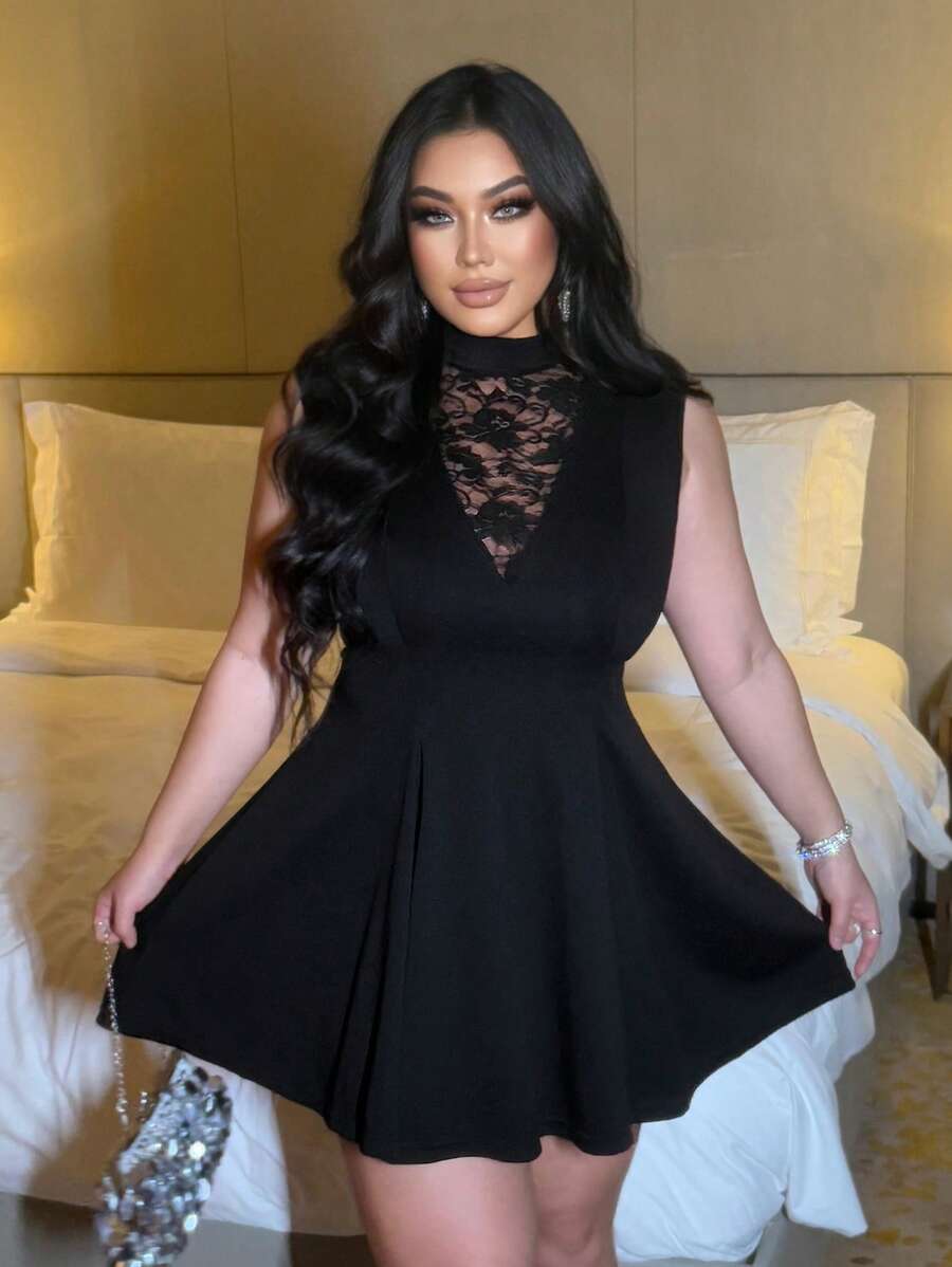 Flirla Lace Patchwork Elegant Party Plus Size Sleeveless A-Line Dress