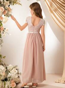 女孩优雅粉色圆领花卉荷叶边长款网眼覆盖派对礼服，适合舞会、约会之夜、婚礼、生日礼物 - 粉色 - 查看 2