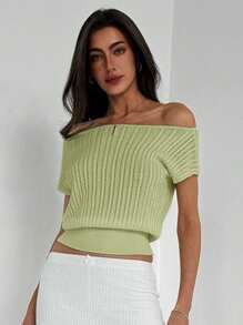 Aloruh Minimalist Elegant Off Shoulder Texture Knitted Fitted Waist Solid Color Women T-Shirt,Off The Shoulder Sweater - Mint Green - View 4