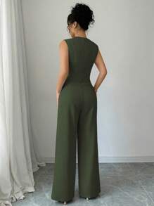 SHEIN PETITE Bộ 2 món áo hai dây ngắn màu trơn kiểu Pháp và quần xếp ly, phù hợp với trang phục dạo phố, công sở, xuân/hè - xanh quân đội - Xem 2