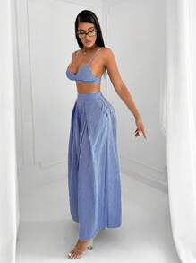 SHEIN SXY 2件套极简通勤性感条纹吊带背心和裤子 - 寶藍色 - 查看 3