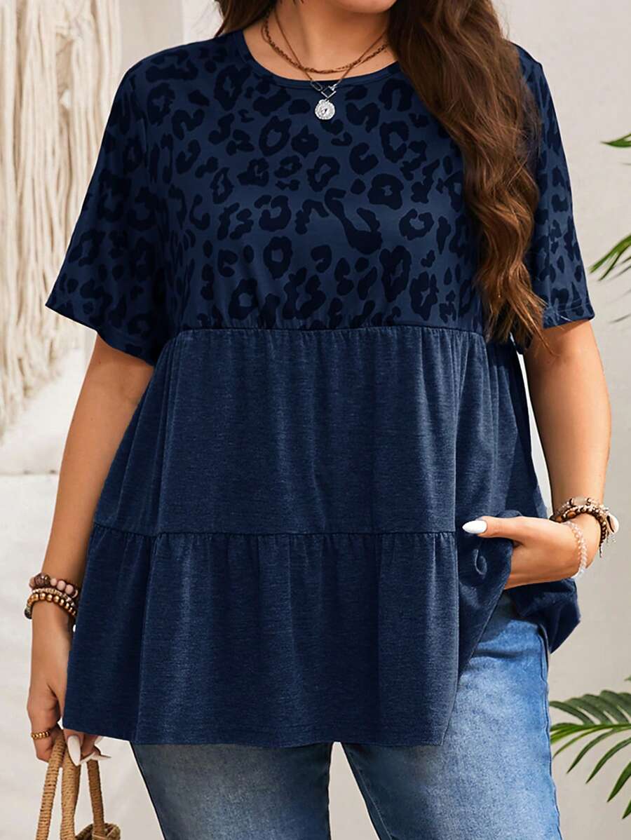 EMERY ROSE Plus Size Women's Short Sleeve Leopard Patchwork Grey T-Shirt - Navy Blue - View 1