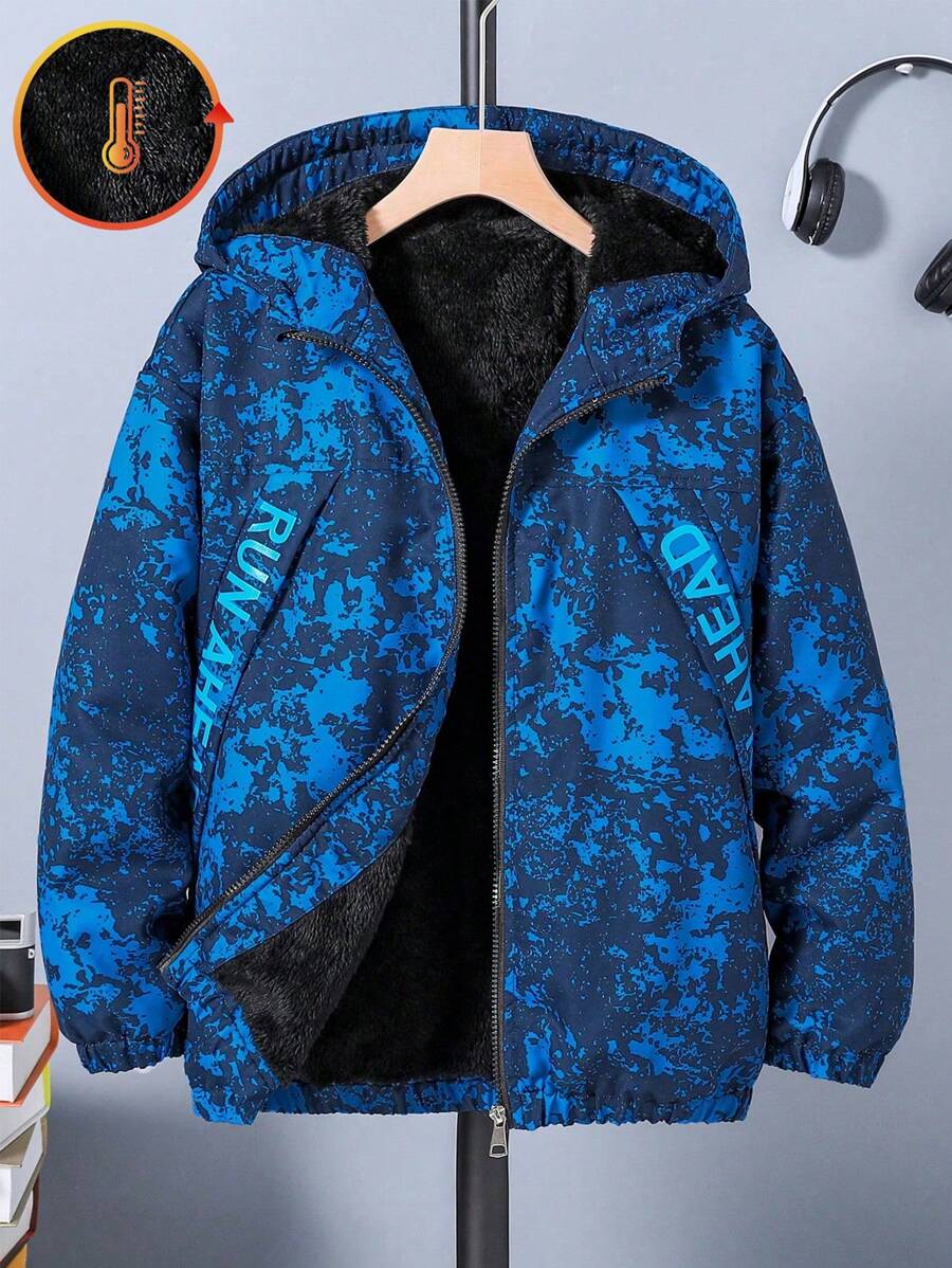 SHEIN Tween Boy Camouflage Fleece Fashion Hooded Jacket Chic Outfits For Autumn/Winter