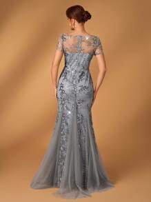 Serin Elegant Luxurious V-Neck Pearl Sequin Embroidery Lace & Mesh Mermaid Hem Dress, Suitable For Wedding, Party, Single Party, Vacation, Prom, Evening Gowns, Mother Of The Bride Dress - Dark Grey - View 1