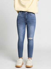 Fashionable Distressed Slim Fit Tween Girl Jeans - Medium Wash - View 4