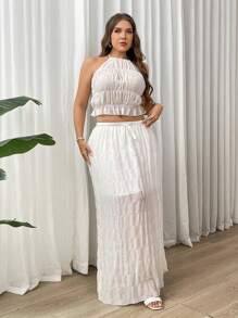 Firerie Set de 2 piezas para talla grande: Top de camiseta sin mangas de tela texturizada blanca y transparente con tirantes y falda larga holgada con opción de lazo y forro interior, elegante y apropiado para vacaciones, tardes de té, citas, conciertos, fiestas, estilo retro escolar, sesiones de fotos en la playa.