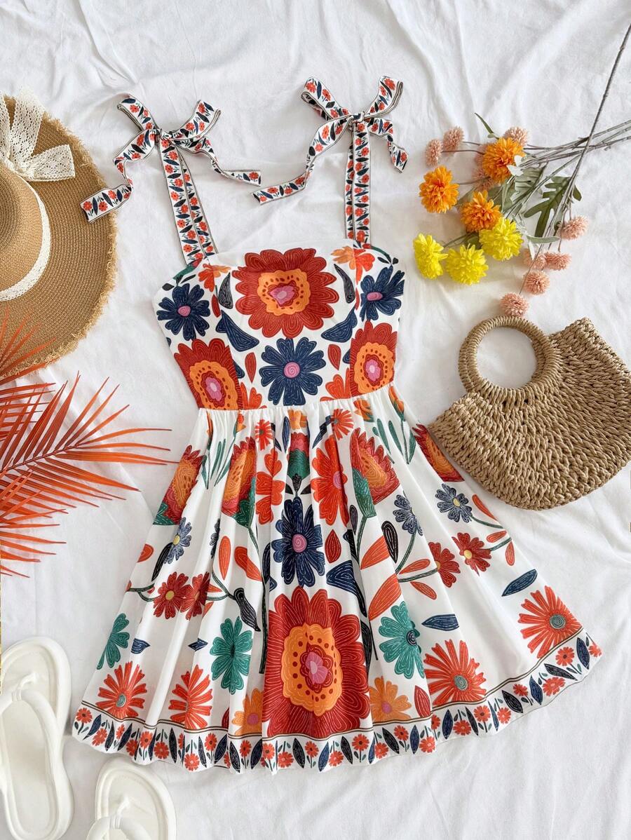 Soleia Women Holiday Colorful Floral Retro Print Tie Waist Bow Accent Flared A-Line Mini Dress, Suitable For Party, Music Festival, Afternoon Tea - Multicolor - View 1