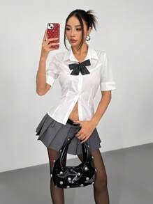 SHEIN EZwear 纯色短袖蝴蝶结衬衫，夏季简约时尚 - 白色 - 查看 5