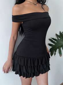 SHEIN EZwear 女士优雅纯色露肩荷叶边下摆迷你连衣裙 - 黑色 - 查看 6