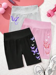 SHEIN Leap Crew 3pcs/Pack Tween Girls Casual Minimalist Mid-Length Leggings, Suitable For Spring & Summer, School, Campus, College - Multicolor - View 1