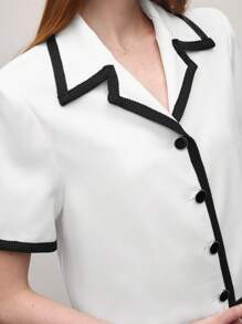 BizChic Women's 2pcs White Suit Set, Elegant Everyday Office Date Casual Commuter Holiday Outfit, Short Sleeve Blazer & Mini Skirt, Spring & Summer - Black and White - View 6