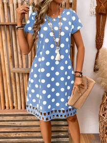 EMERY ROSE Women's V-Neck Short Sleeve Simple Fashion Dress, Suitable For Summer - Blue - View 5