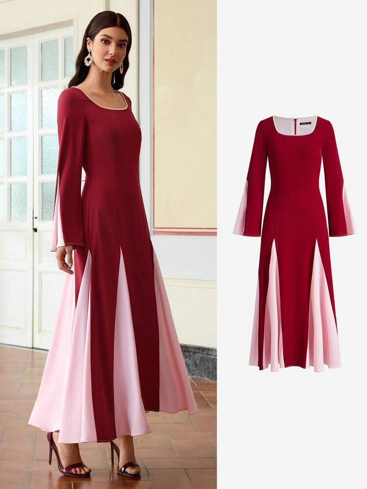 ZEYLAH Women's Faux Pearl Trim Neck Colorblock Flared Sleeve Fit And Flare Maxi Dress - Red - View 7
