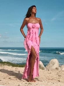 Opulessa Vestido ceñido con abertura, con volante de malla de punto de color simple para mujer